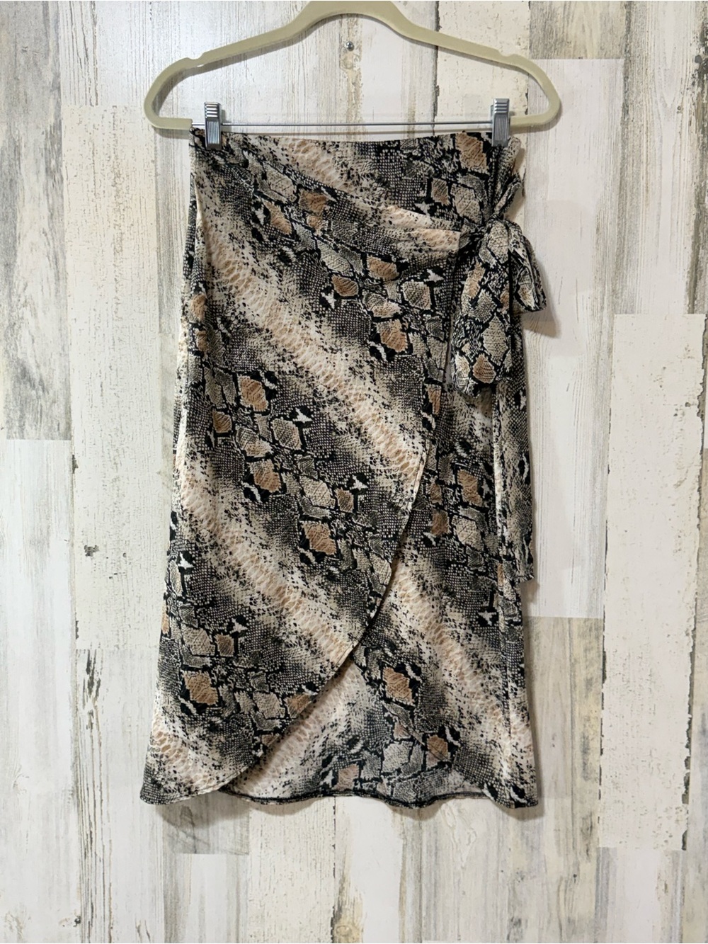Snake-Print Wrap Midi Skirt in Black and Tan